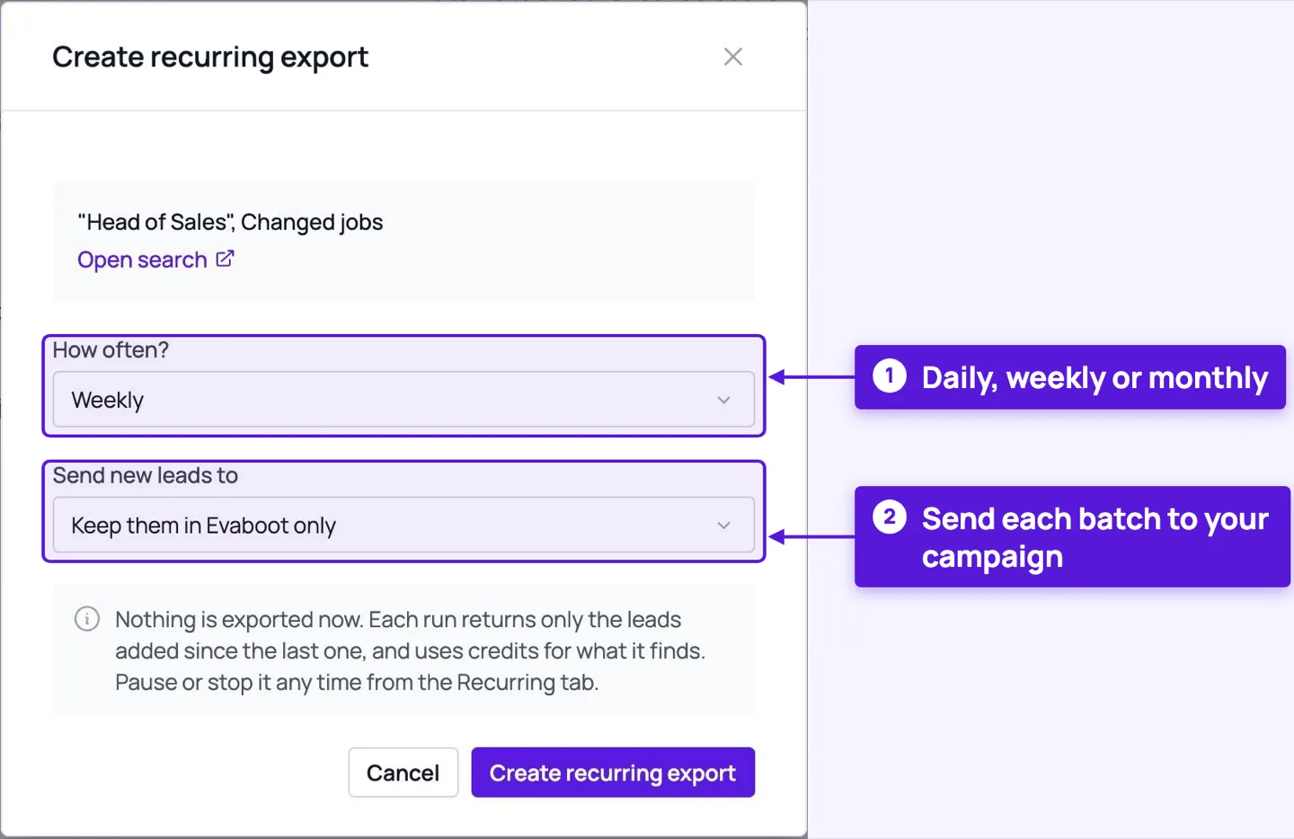 The Create recurring export dialog: how often (Weekly), where to send new leads, and a note that each run returns only the new leads.