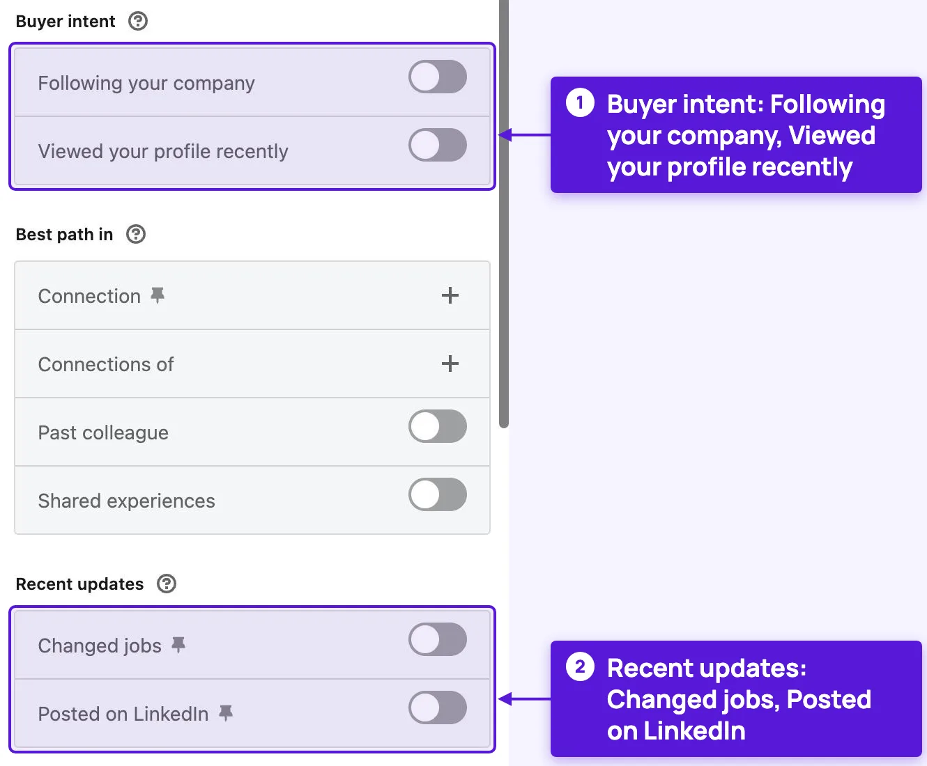 Sales Navigator lead filters: Buyer intent (Following your company, Viewed your profile recently) and Recent updates (Changed jobs, Posted on LinkedIn).