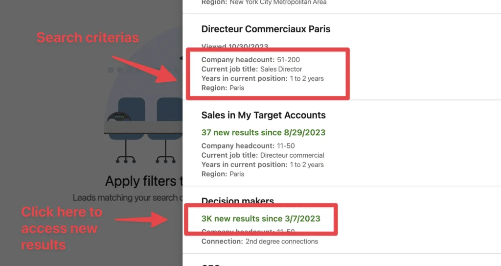 The Saved searches panel in Sales Navigator, with green lines such as 37 new results since 8/29/2023 under each search.