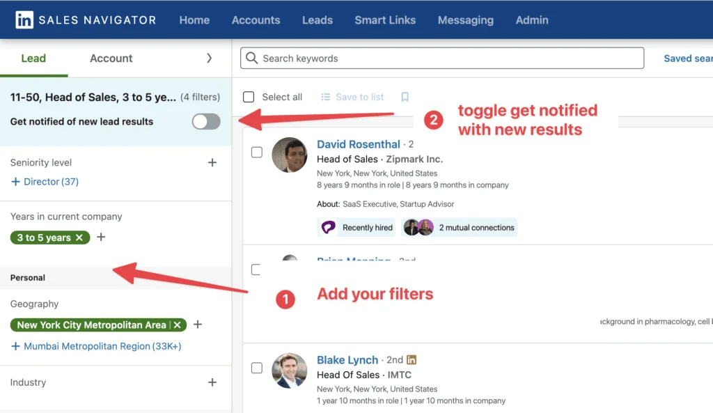 A Sales Navigator lead search with four filters and the Get notified of new lead results toggle at the top of the filter panel.