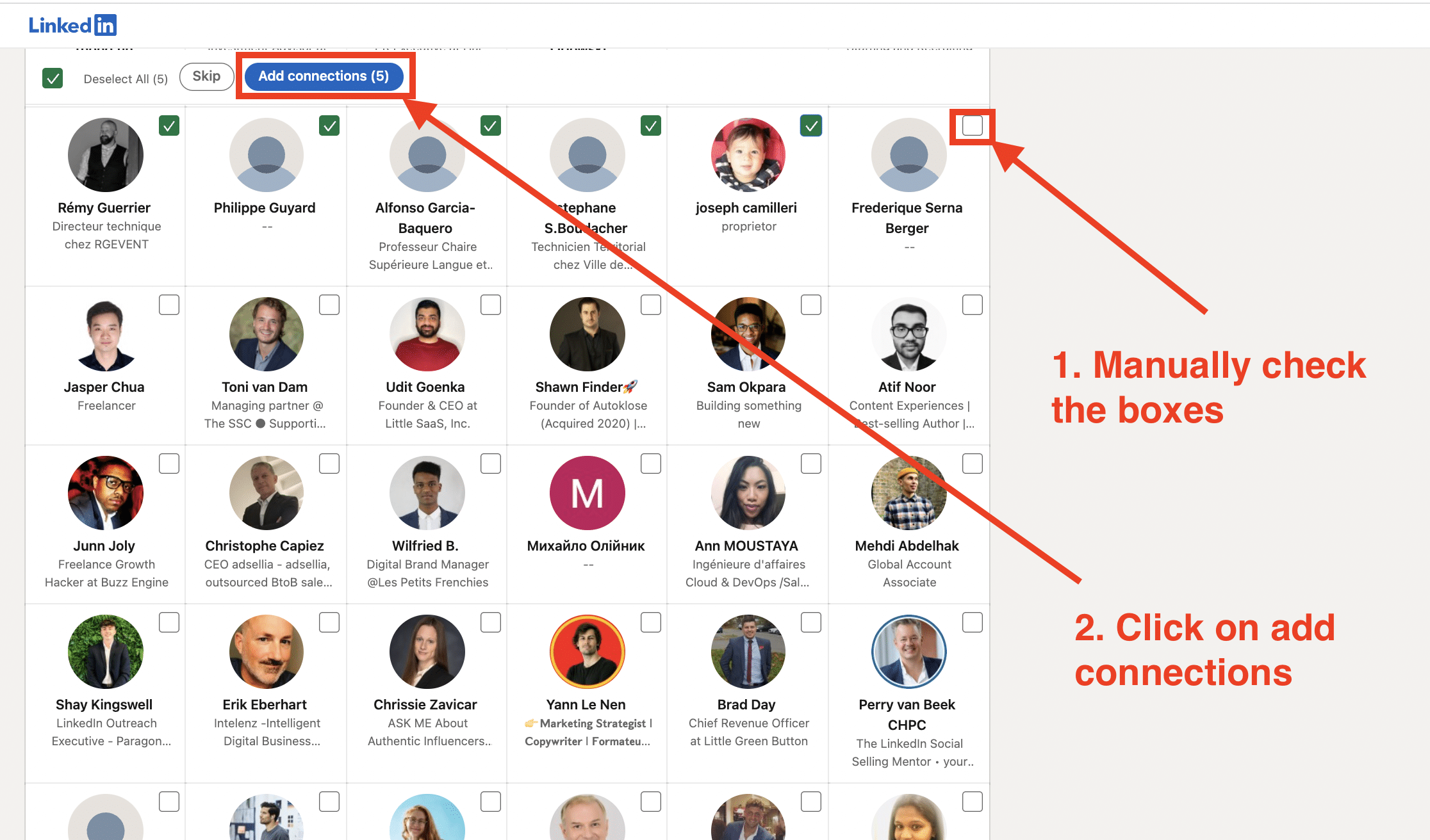 selectionner manuellement les personnes à inviter en connexion sur linkedin 