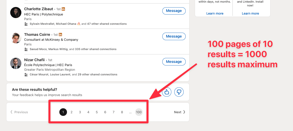 limite de résultats de recherche linkedin