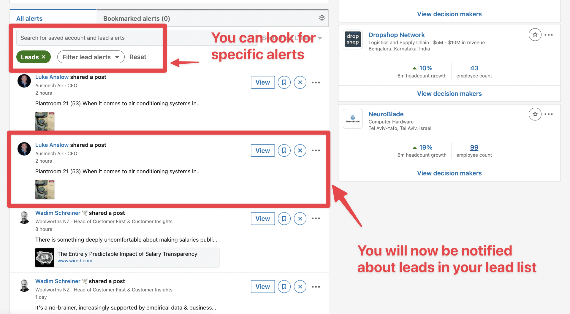 alerts on linkedin sales navigator homepage