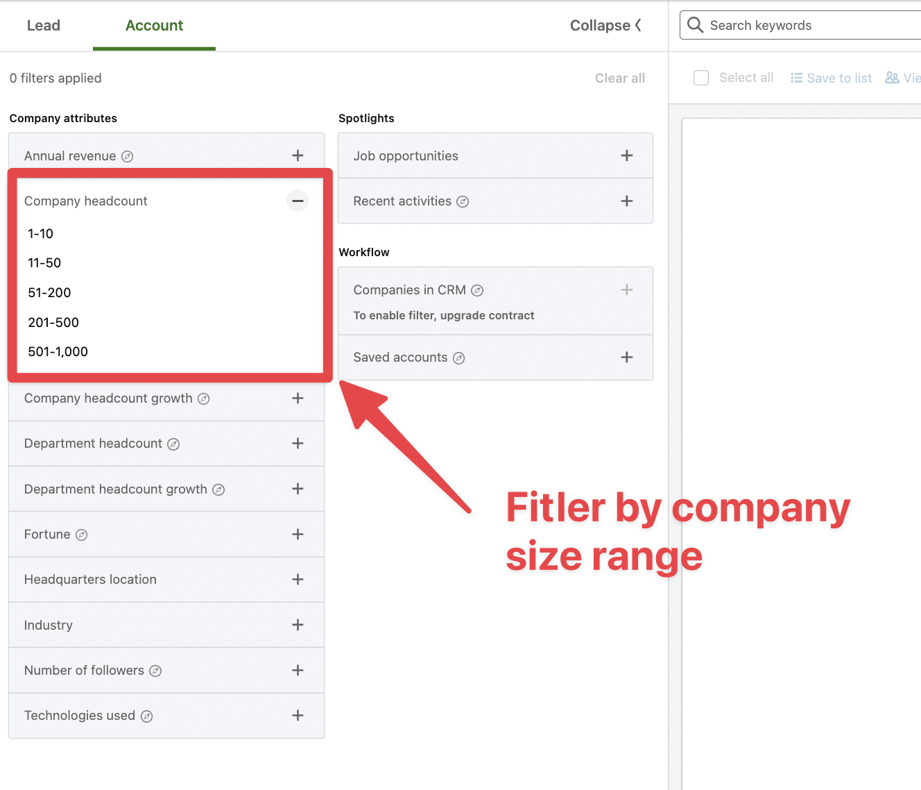 company size filter sales navigator