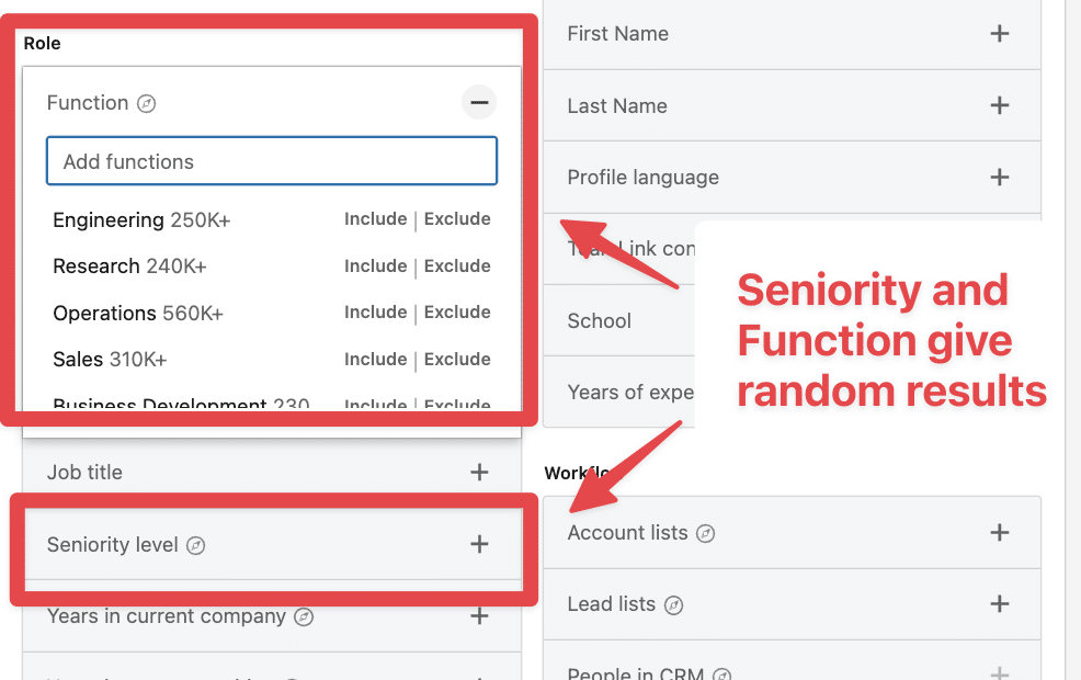 seniority and function filter sales navigator 