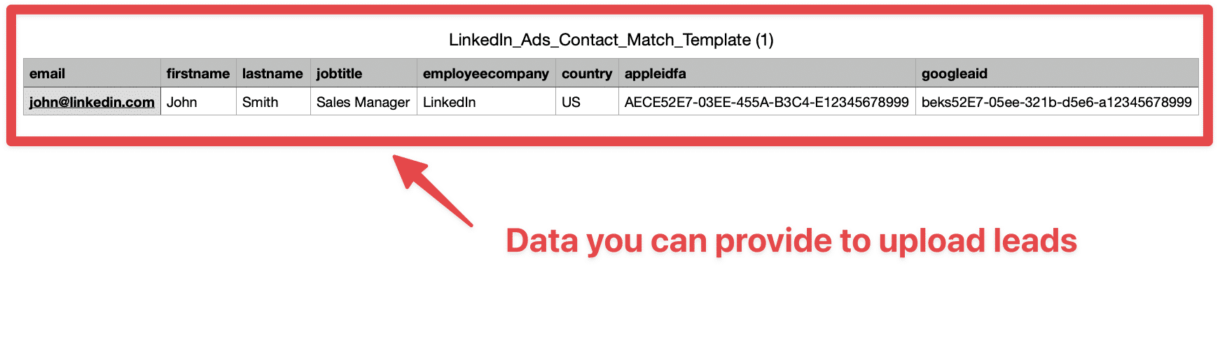 contact list upload template linkedin ads