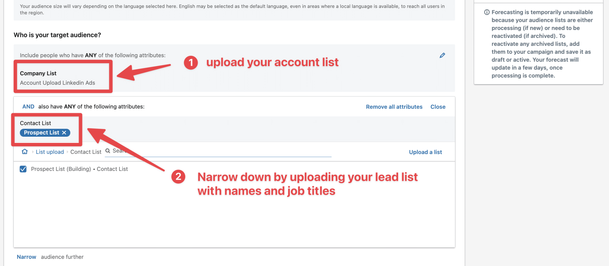 narrow down account list with lead list linkedin ads