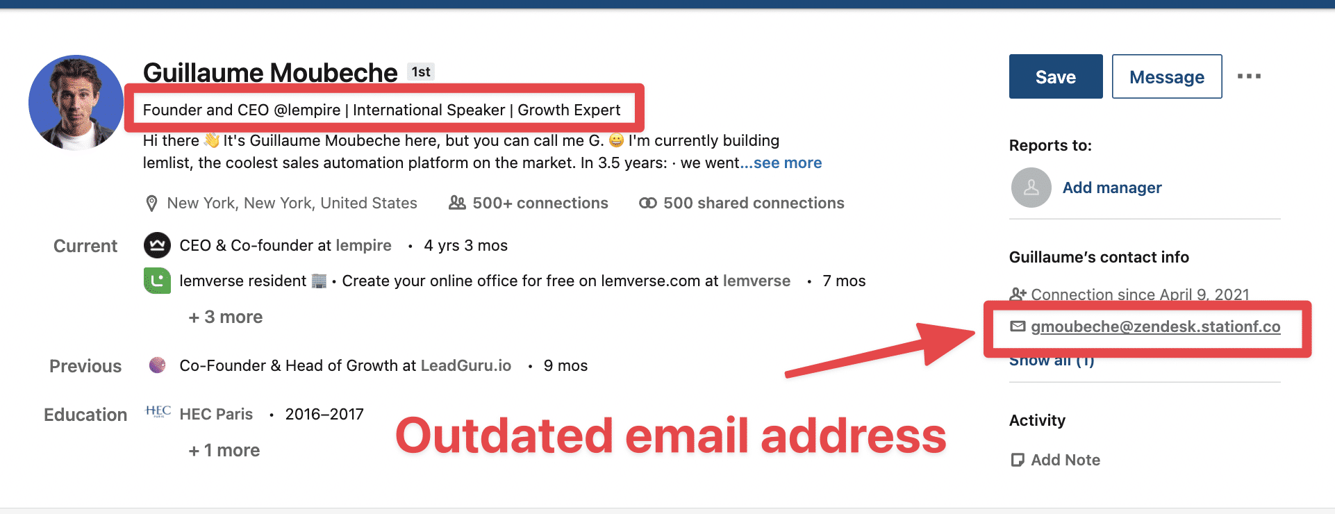 example of outdated email on sales navigator