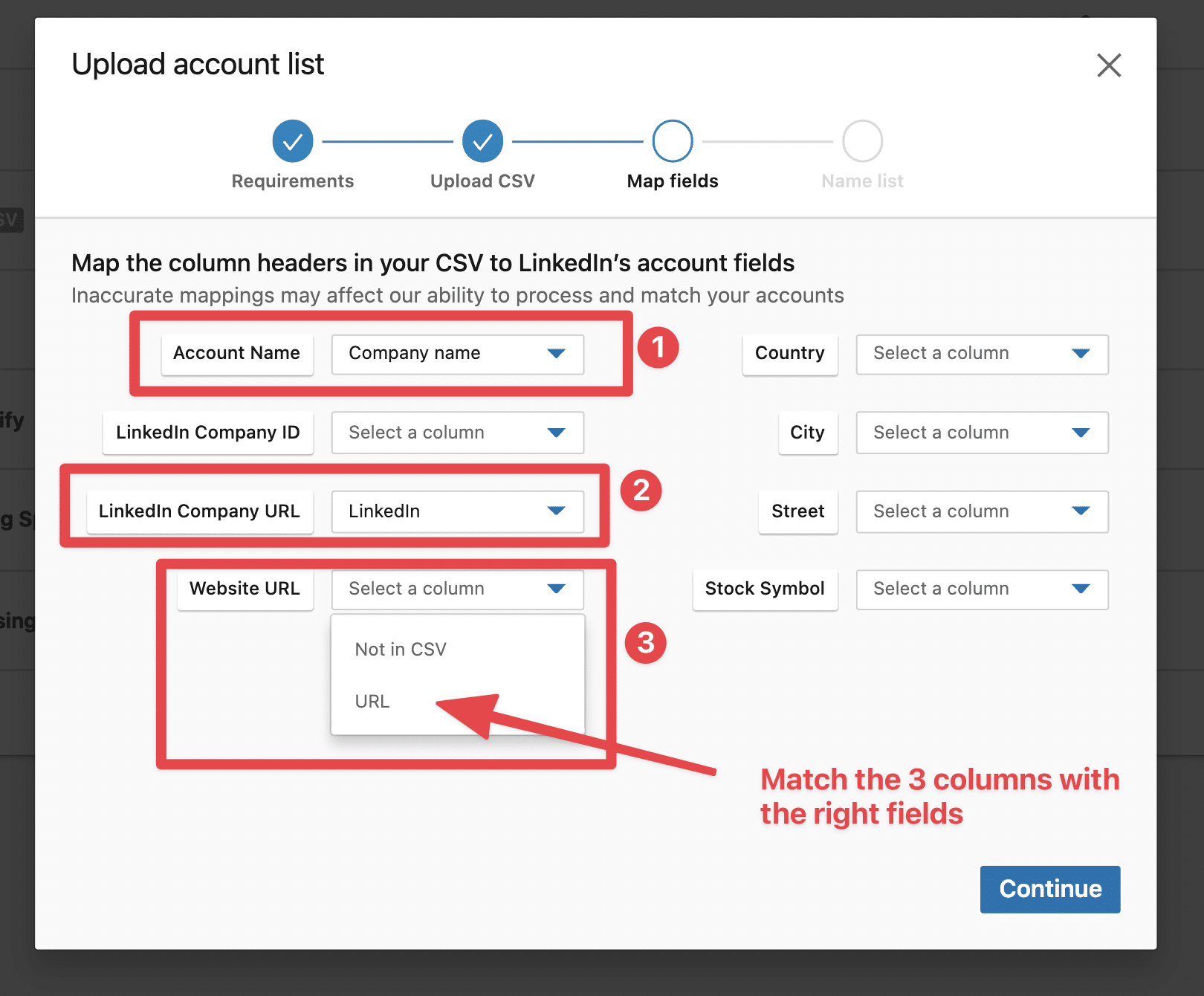 haz coincidir las columnas del archivo csv con linkedin sales navigator