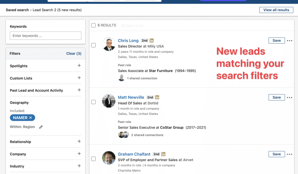 sales navigator saved searches results 