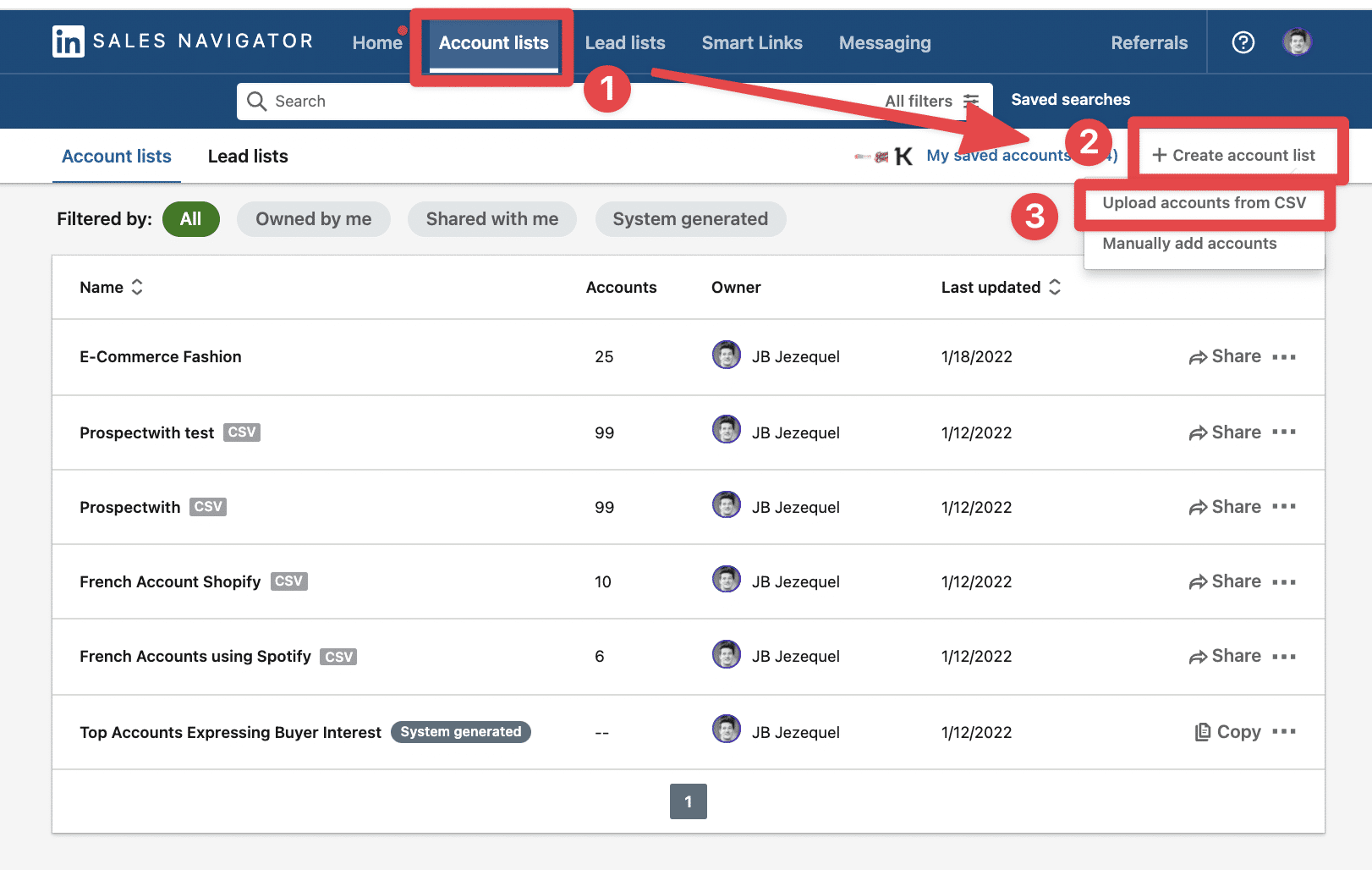 cargar listas de empresas de comercio electronico en linkedin sales navigator