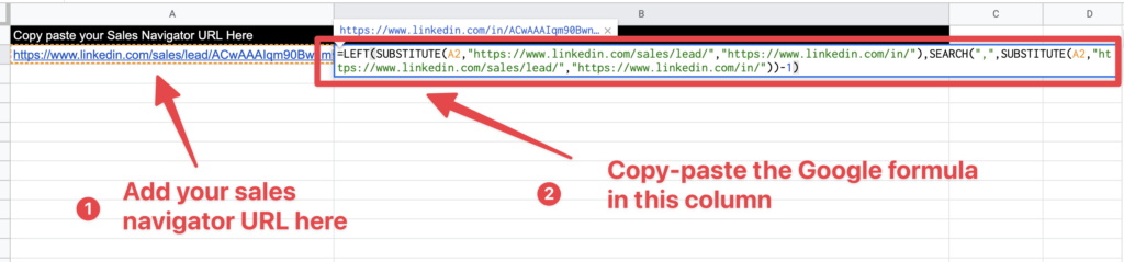 convertir url sales navigator en url linkedin grâce à une formule google sheet 