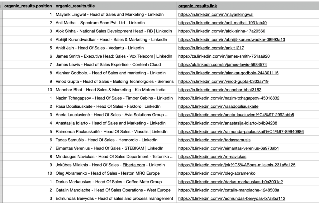 resultados da extração da pesquisa google de perfis linkedin 