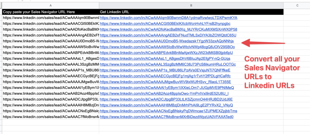 conversion url sales navigator en google sheet