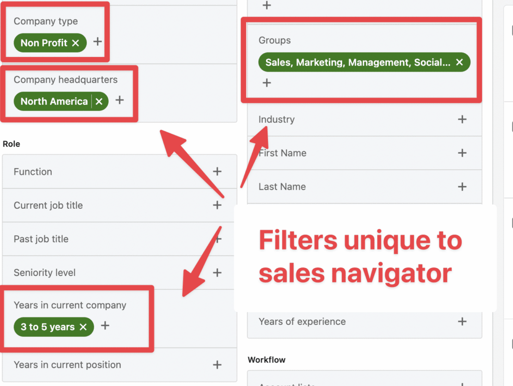 filters specific to sales navigator