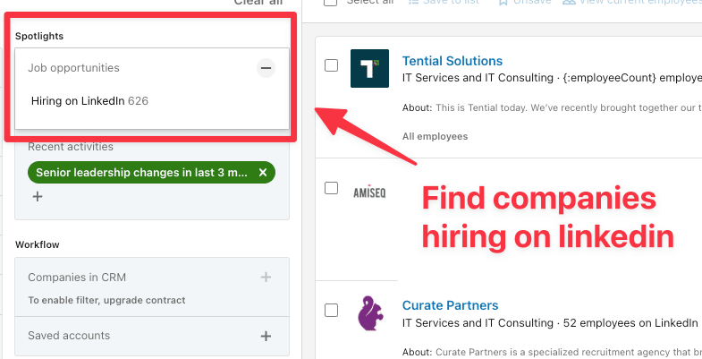 filtro de empresas contratando linkedin