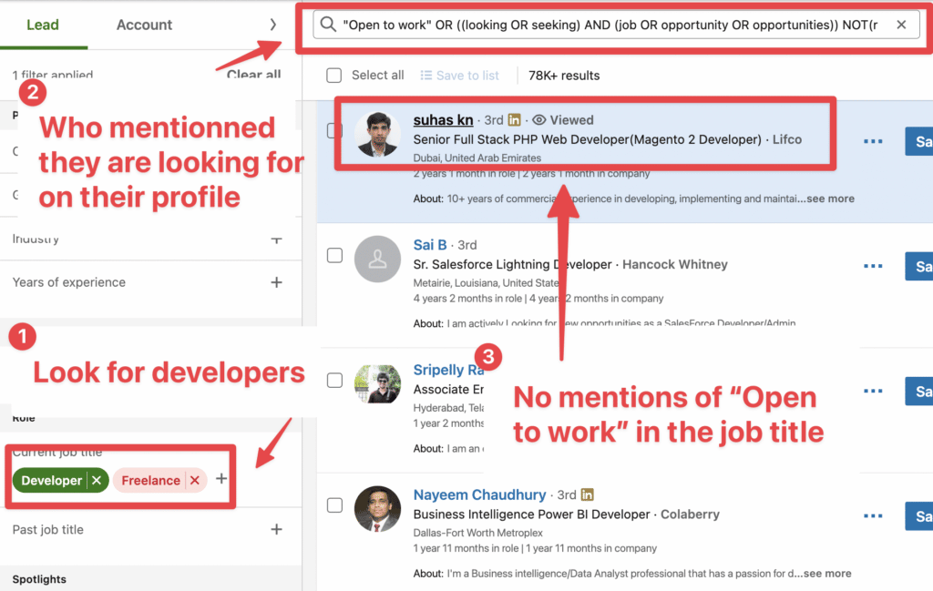 look for open to work profiles with linkedin keyword filter 1