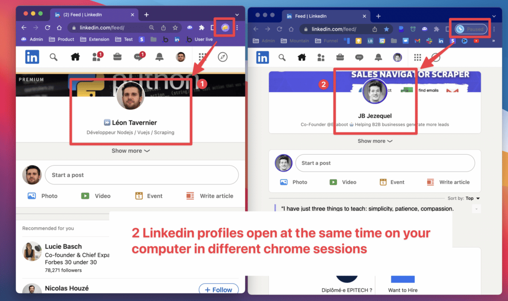 manage 2 linkedin accounts chrome sessions