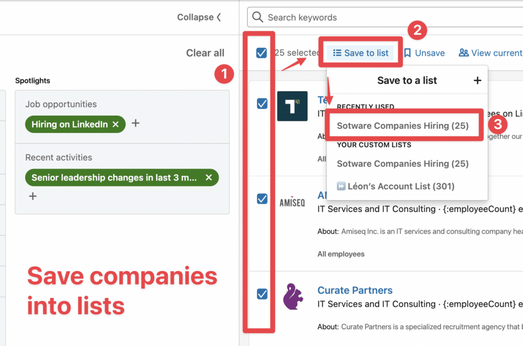 guardar empresas en una lista sales navigator