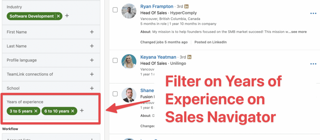 filtre années d'expérience sales navigator 