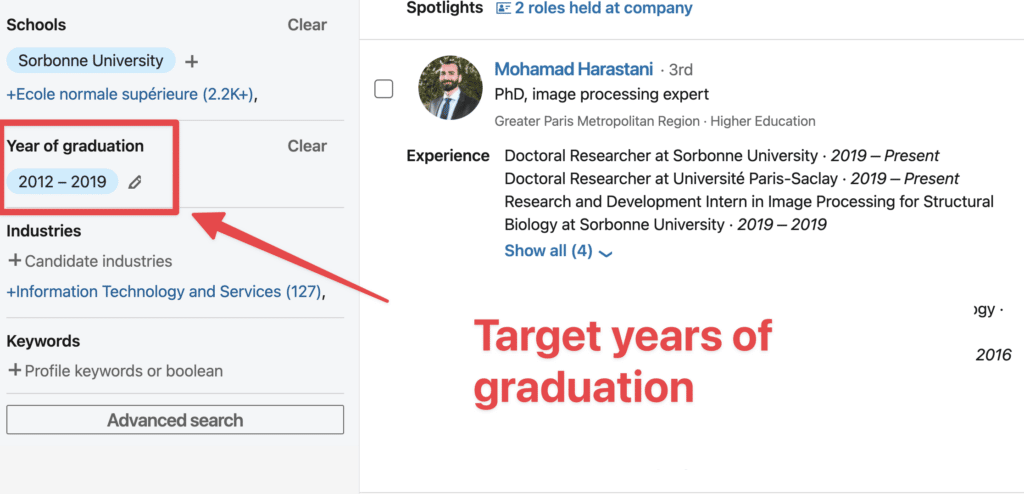 year of graduation filter recruiter