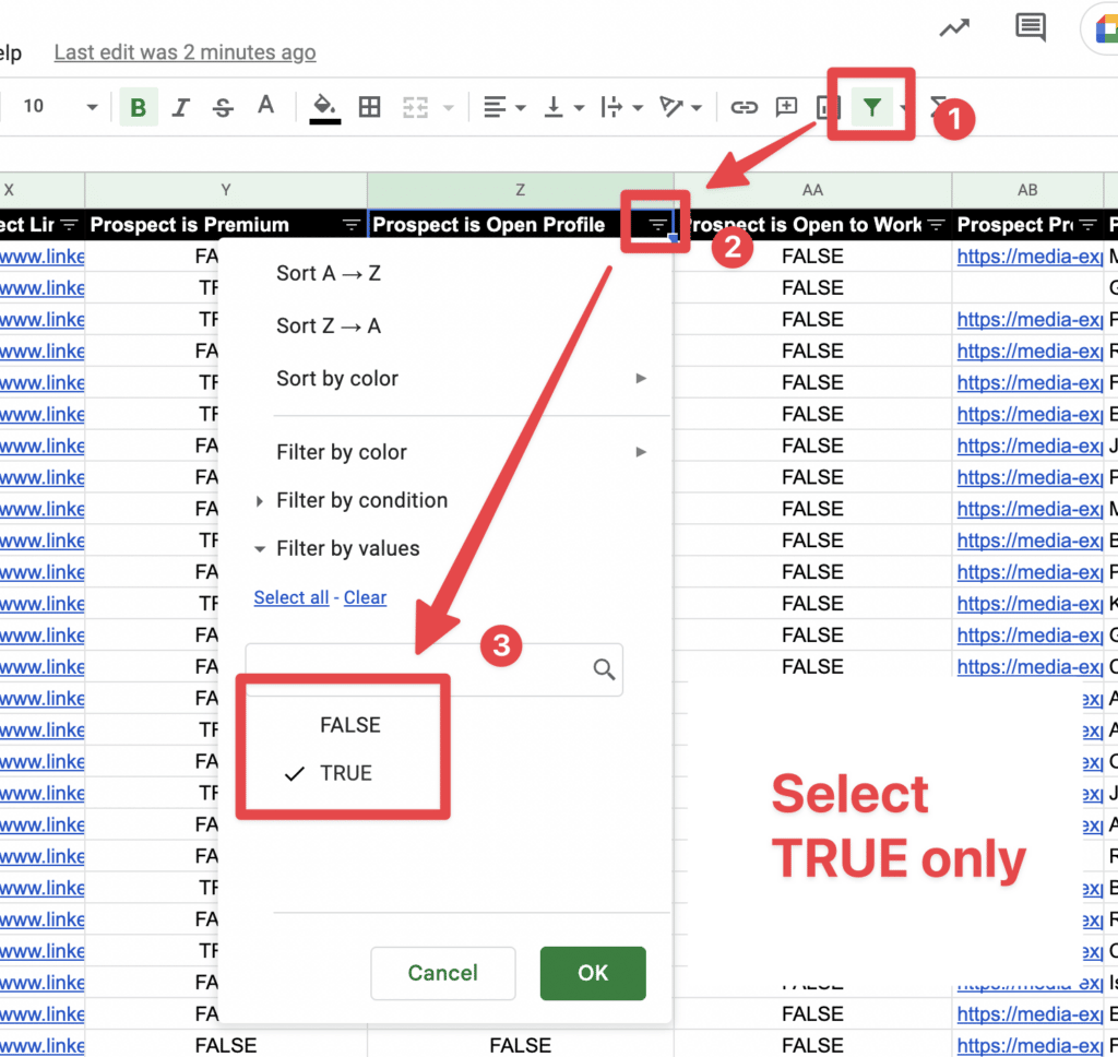 filter open profiles googles sheets