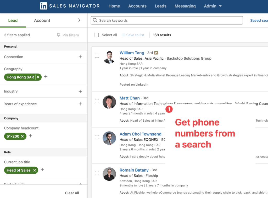 get phone numbers from sales navigator search