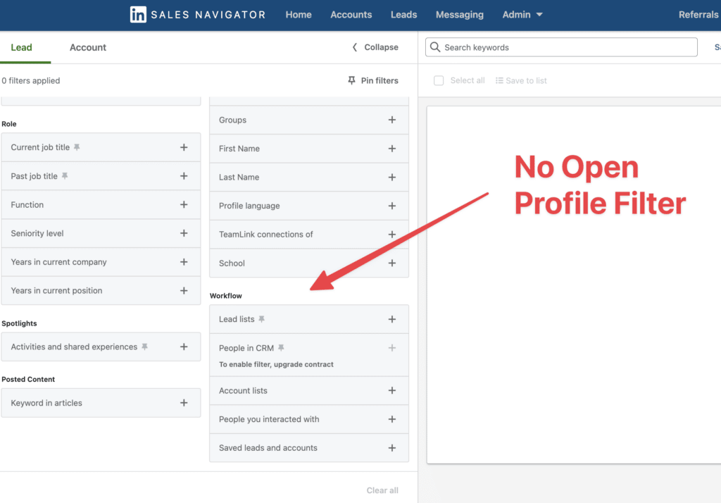 no open profile filter on linkedin sales navigator