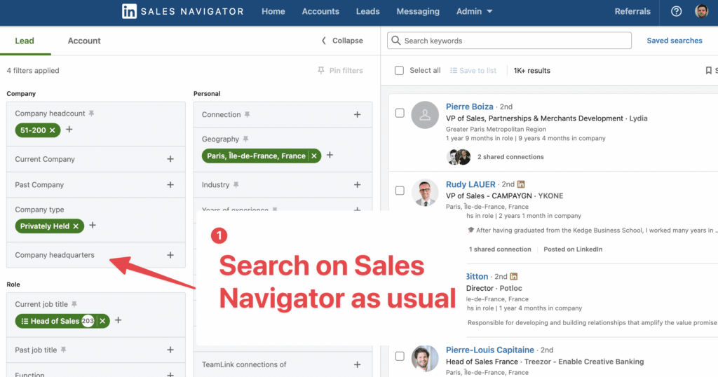 search open profiles on linkedin sales navigator