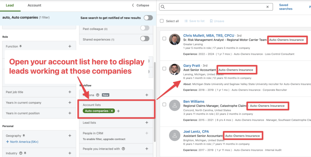 filter sales navigator leads by company name keywords