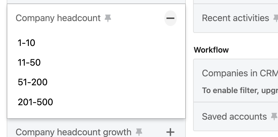 company headcount search filters