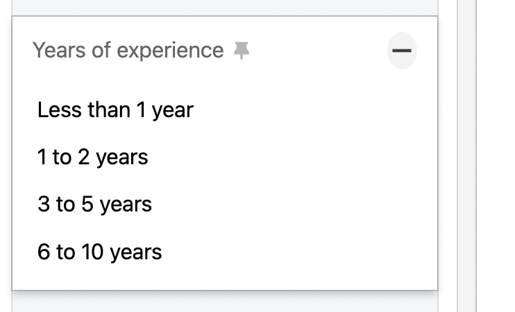 year of experience sales navigator filter