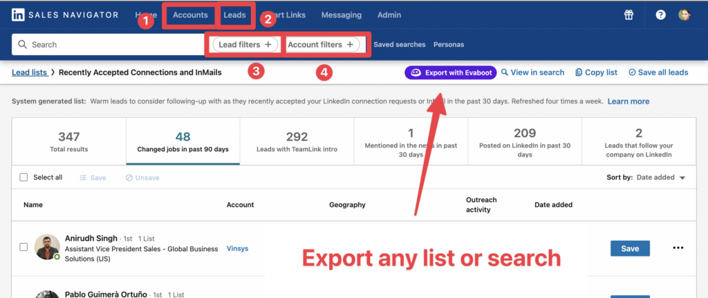 export sales navigator search