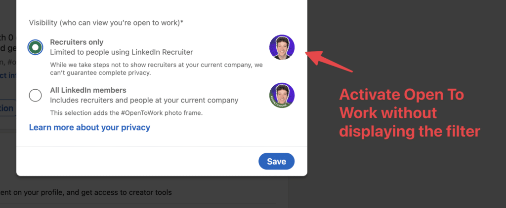 open to work linkedin without filter