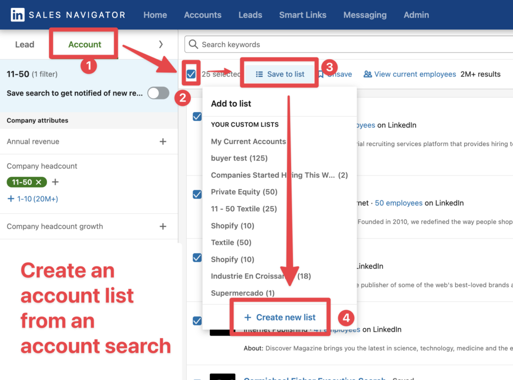 create account list from linkedin advanced search