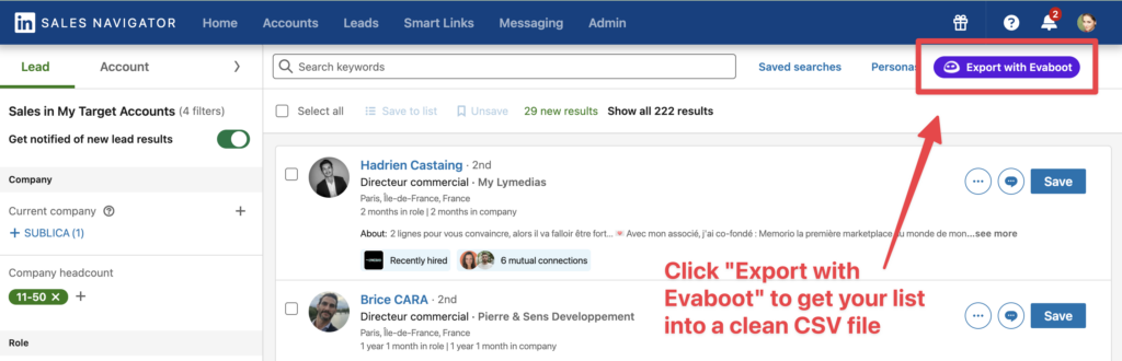 export sales navigator saved searches