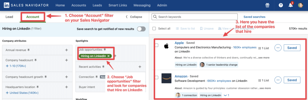 use account filter job opportunities filter on sales navigator to find companies that hire