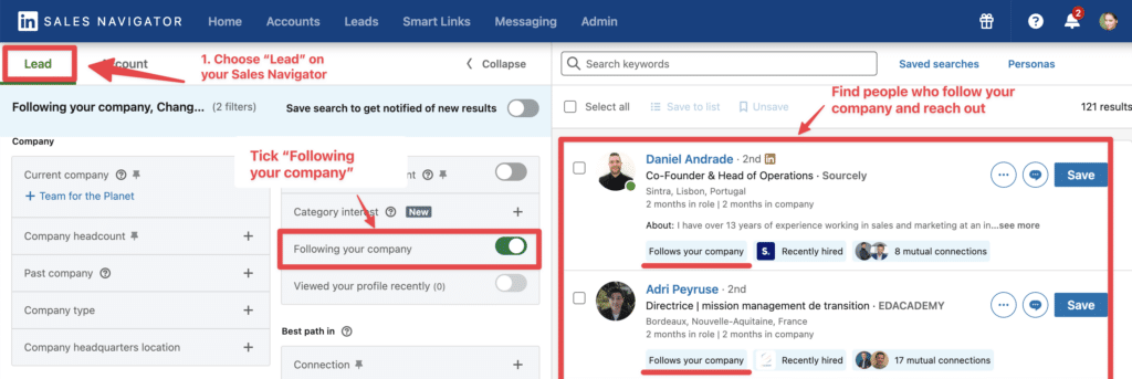 use following your company filter on sales navigator to find people you follow you on linkedin