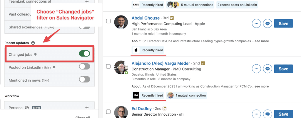 find people who recently changed their job with linkedin sales navigator advanced filter 