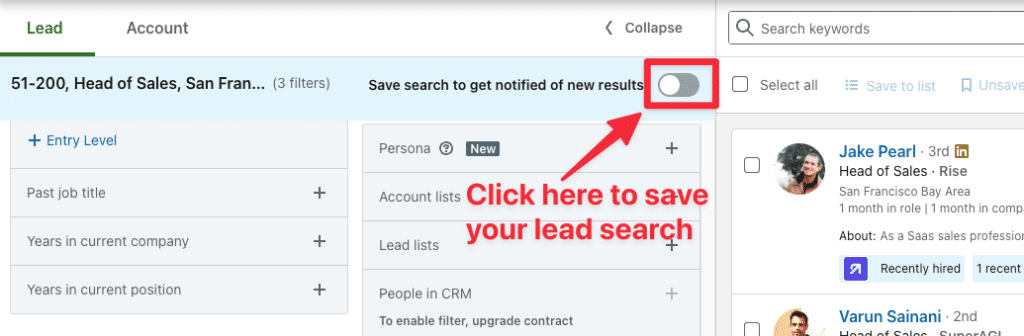 save lead search sales navigator