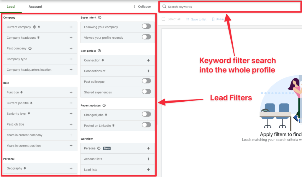 sales navigator’s advanced lead search filters