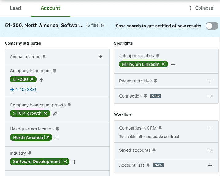 account filters example sales navigator