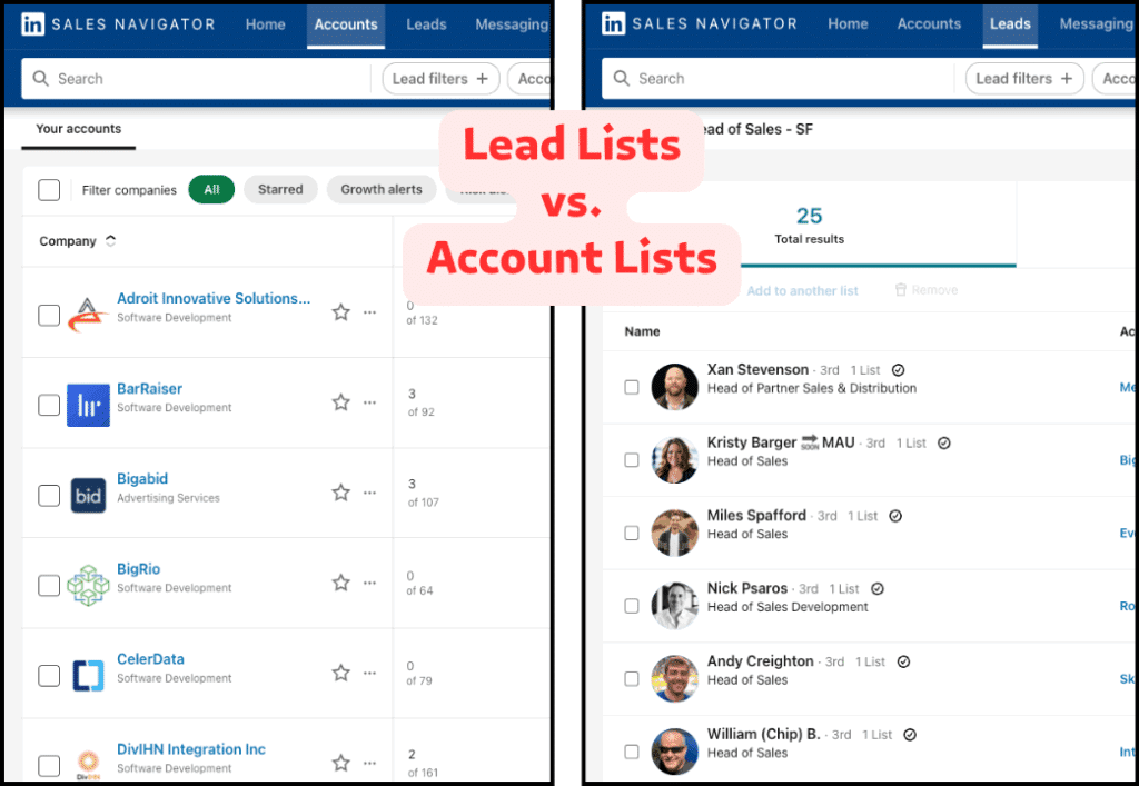 lead lists vs account lists