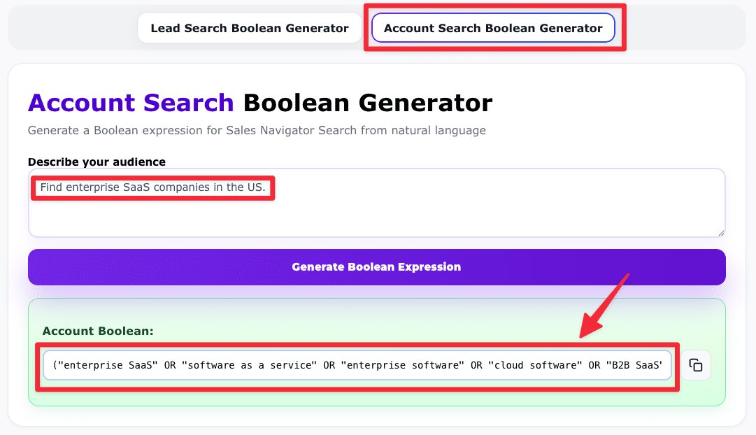 account search boolean generator sales navigator