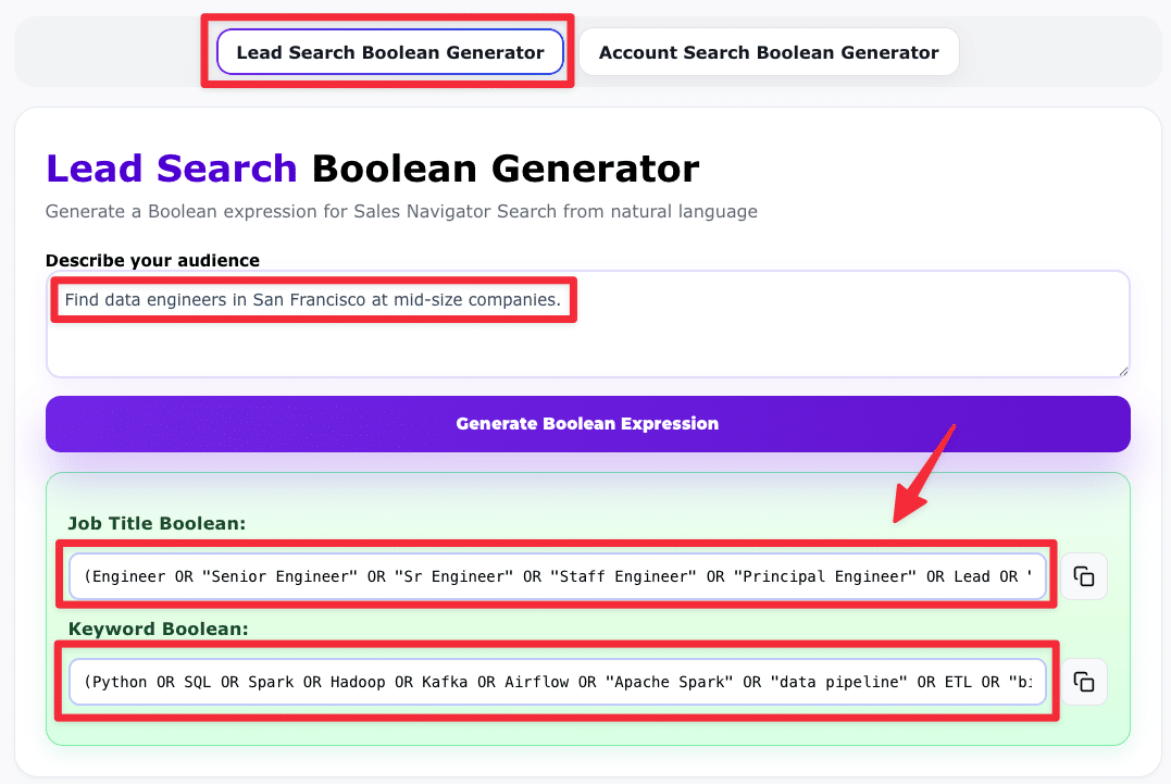 sales navigator lead search boolean generator