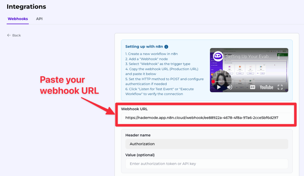 n8n webhook url evaboot
