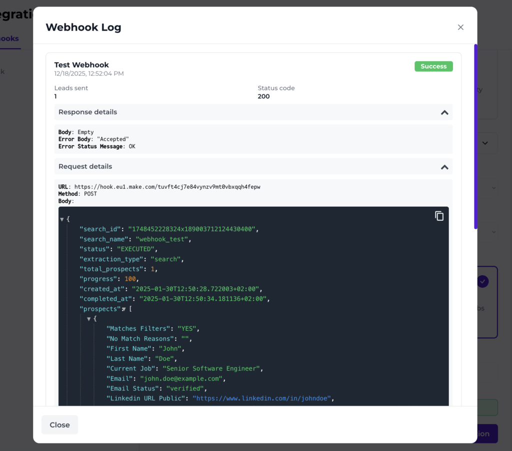 LinkedIn Sales Navigator + Make Integration: How to Set It Up 14 webhook log make evaboot