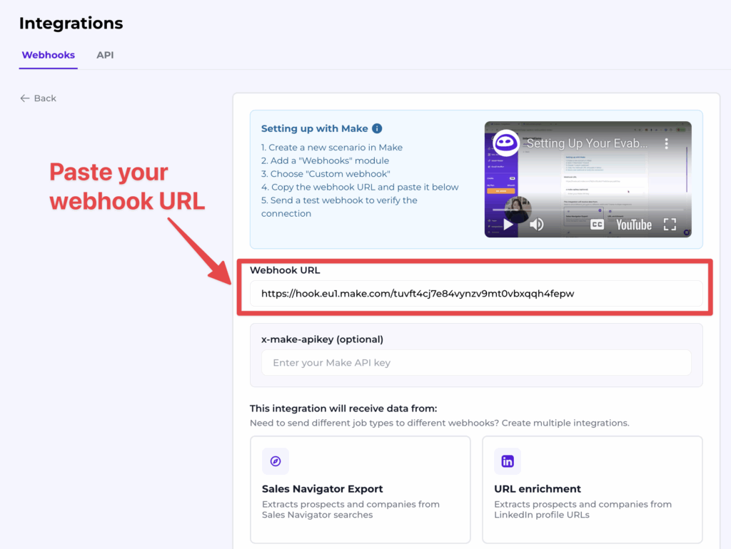 LinkedIn Sales Navigator + Make Integration: How to Set It Up 10 webhook url evaboot and make